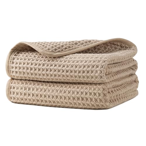 Microfiber Waffle Hand Towels 2 Pieces Soft Absorbent Fast Drying Lint Free 430 GSM (Beige)