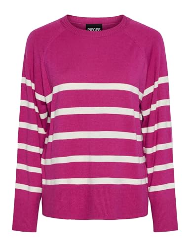 PIECES Pcsia LS Knit Noos BC Jersey de Punto, Festival Fucsia/Rayas: Blanco, M para Mujer