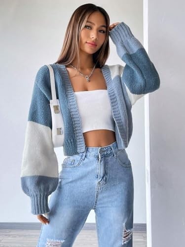 Image of SISKIN Fall Cropped Cardigan Sweaters for Women Lightweight,Color Block Oversized Cardigan Sweater
