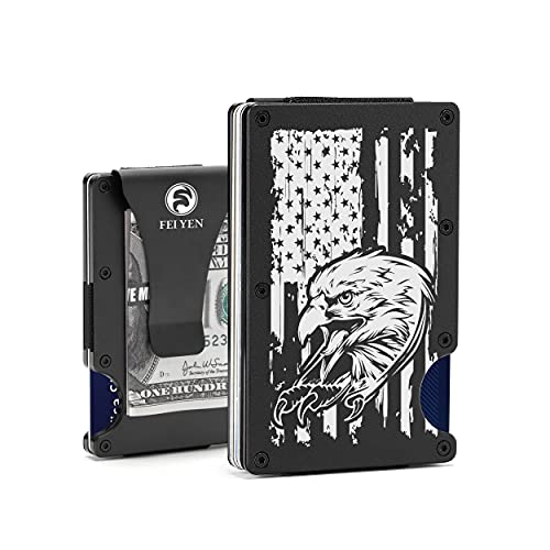 Men Minimalist Metal Wallets with Money Clip - Personalized RFID Blocking Front Pocket EDC Tactical Aluminum Wallets - Slim Mini Credit Card Holder for Travel Business - Engraved Eagle American Flag