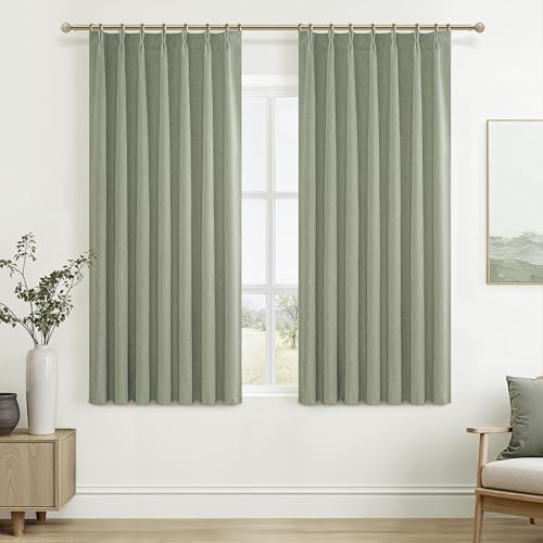 Image of Sage Green 54 Inches Length Blackout Linen Short Curtains for Living Room /Bedroom /Kitchen, Pinch Pleated Small Boho Light Green Drapes Viral Dining Window Curtain Thermal Insulated (40 inchWx54 inchL2 Panels)