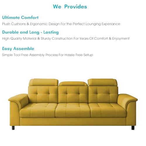 Image of Casaliving Ella 3 Seater Sofa Set for Living Room (Yellow Colour Fabric) Premium Fabric Sofa