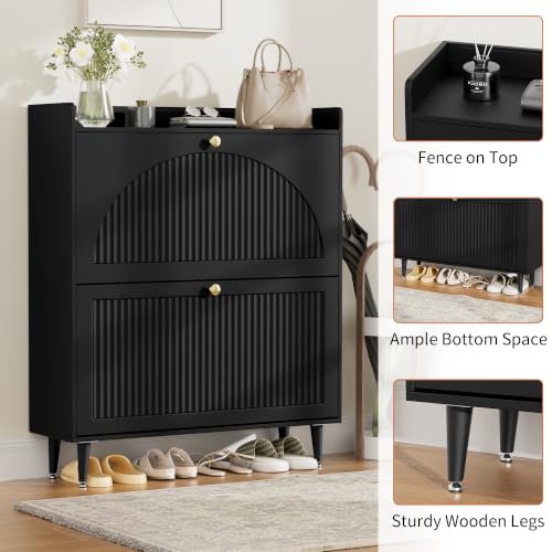 Image of Shoe Storage Cabinet with 2 Flip Drawers, Shoe Organizer Storage with Adjustable Shelves, Freestanding Hidden Slim Narrow Shoe Rack Cabinet for Entryway, Foyer, Hallway, Living Room (Black)