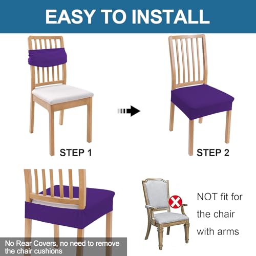 Image of Smiry Waterproof Seat Covers for Dining Room Chairs, No Rear Covers | Stretch Jacquard Removable Washable Chair Seat Slipcovers Protector, Set of 4, Violet