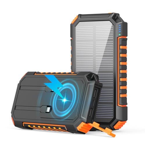 Wireless-Solar-Power-Bank-20000mAh - Riapow 22,5W Schnellladung Powerbank Solar mit 2 Kabeln & Doppelte Taschenlampe, USB C PD QC 3.0 Externes Akku für Smartphones Tablets Camping (Orange)