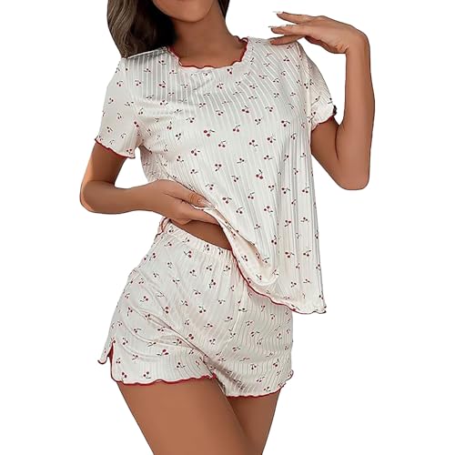 Pijama de manga corta con estampado de cerezas y pantalones cortos para mujer, bonita ropa de descanso de verano de 2 piezas con borde de volantes, blanco, M