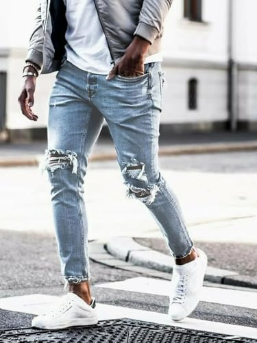 Jeans Pants Trouser Denim Trendy Street Washed Blue Tear Hole Small Leg for Men3