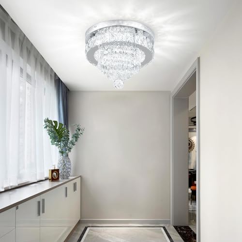 LED Dimmable Chandeliers Ceiling Light, Φ30cm Modern Flush Crystal Ceiling Light, Round Mini Crystal Chandelier with Clear K9 Crystals & Remote for Bedroom Living Room Dining Room Hallway