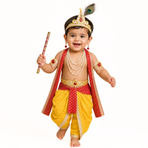 Image of ITSMYCOSTUME Krishna Dress for Baby Boy Kids Set of 10(Dhoti,Patka,Hip Cover,Mukut,Morpankh,Bansuri,Kamarband,Bajuband,Kundal) Little Krishna Ji Kanha Janmasthmi Costume for Kids