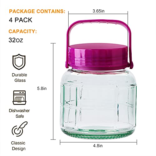 Glass Storage Canister,32 Oz Mason Jar With Plastic Handle And Airtight Lids ,For Canning, Meal Prep, Jam, Jelly,Milkshakes, Salads,Drinks(Set Of 4) #TOP1