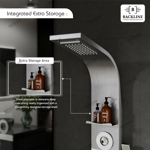 Image of Backline shower panel | 7 In 1 Shower System 304 Grade Stainless Steel | Shower With Storage Shelf, LED Rainfall Shower,Hot & Cold Adjustable,Massage Spray,Hand Shower & Water Spout