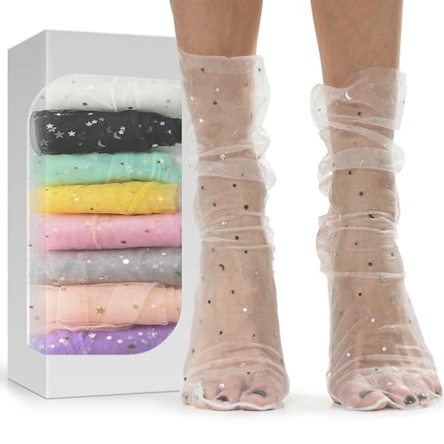 Sheer Slouch Tulle Socks Set for Women | 8 Pairs of Shiny Glitter Decorated Loose Socks with Stars & Moon - Ankle High, Breathable, Comfortable, and Trendy in Assorted Colors (US sizes 5-8)