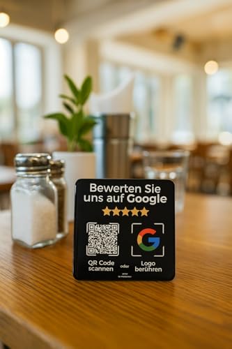 Aufsteller/Aufkleber-Karte für Google Bewertungen - mit QR-Code und NFC - 6x6 cm (2x Pack-schwarz-Deutsch)