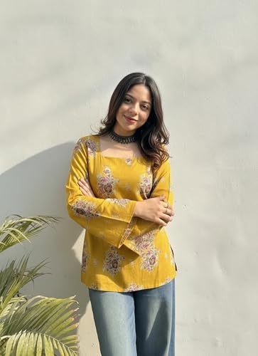 Image of ANNI Designer Women's Viscose Blend Printed Short Kurti | Straight Fit Ethnic Top with Square Neck | Bell Sleeve Indian Kurta for Office College, Party