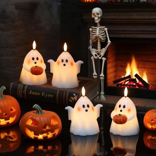 Image of Wondise Halloween Flameless Candles with 6hrs Timer Spooky Ghost, Battery Operated Candles 3D Flickering Wick Real Wax 2 Packs Halloween Candles for Halloween Decoration Gift (D 3.5 inch x H 5 inch