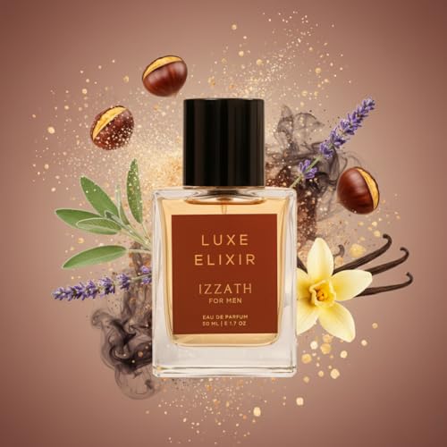 Image of IZZATH Luxe Elixir Eau De Parfum 50ml | Luxury Men's Perfume with Chestnut, Sugar, Sage, Lavender, Vanilla & Smoke | Elegant Gift for Him