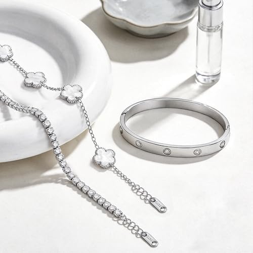 JINDETAI Stackable Silver Bracelets for Women - 3/4/5 Sets, Non-Tarnish Stainless Steel & Sterling Silver Trendy Stackable Bangle Jewelry Set, Gifts for Valentine's Day, Birthday, Prom and Christmas — view 6