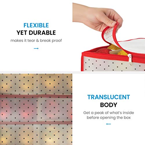 Zober Plastic Christmas Ornament Storage Box With 2-Sided Dual-Zipper Closure - Keeps 64 Holiday Ornaments, Xmas Decorations Accessories, 3" Cube Compartments - Sturdy Flexible Plastic #TOP4