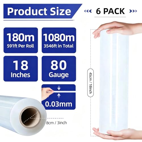 Image of 6 Pack Shrink Wrap Roll, 18 inch Wide Total 3546ft Industrial Stretch Film
