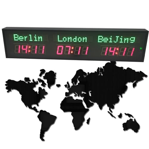 Memykoy Orologio con fusi orari mondiali, Orologio Digitale con più fusi orari, Orologio Mondiale a LED, 3 Livelli di Regolazione della luminosità, Orologio Mondiale con 3/4/5/6 Città 3Time