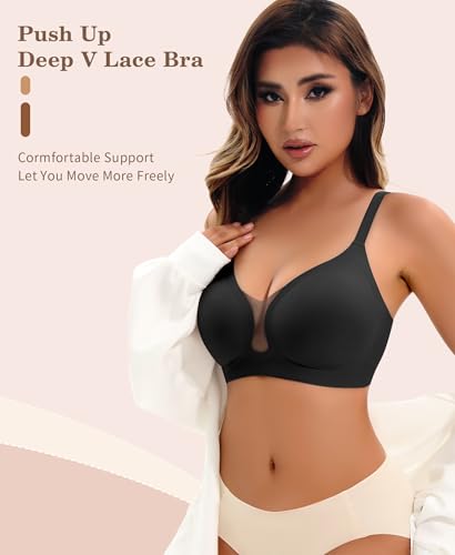 Image of DOCUMO Wireless Bras for Women No Underwire Seamless Push Up Bras with Support and Lift, V Neck Bralette with Bra Extender