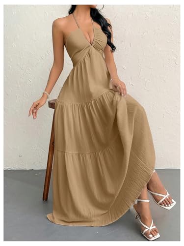 Image of SHENHE Women's Deep V Neck Tie Knot Backless Halter Dress A Line Flowy Ruffle Maxi Dress