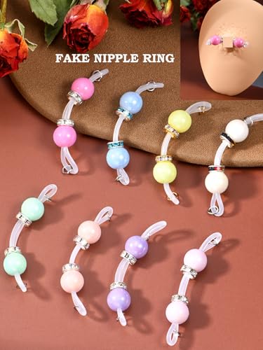 DJCIW 4 Pairs Handmade Fake Nipple Rings,Adjustable Nipple Nooses with 8mm Silicone Multicolor Beads and Barbells,Non-Piercing Faux Nipple Piercing Comfortable Everyday Wear Cute Body Jewelry2