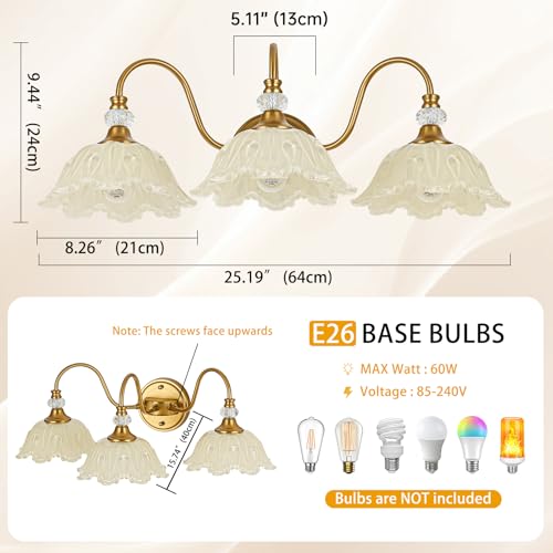 Image of Vintage Bathroom Vanity Light, 3-Light Matte Brass Finish Vanity Light with Floral Yellow Glass Shades, Retro Wall Sconce for Bathroom, Dressing Table