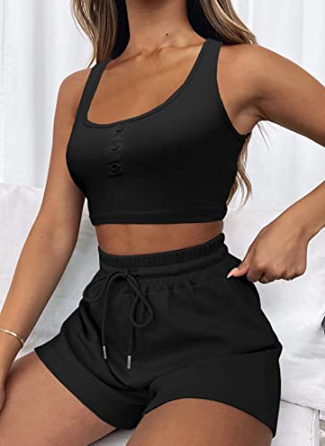 Women’s 2 Piece Outfits Lounge Matching Sets Two Piece Crop Tops Summer Vacation Sets Black M #TOP3