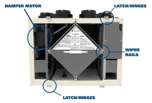 Fantech FLEX100H Heat Recovery Ventilator internal components labeled