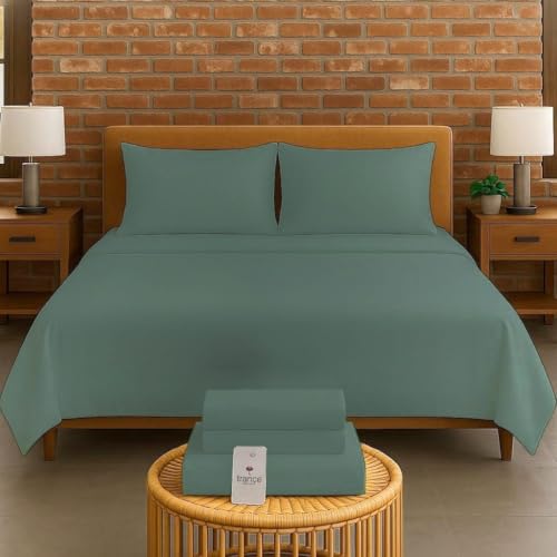 Image of Trance Home Linen 300 TC Bamboo Flat Queen Size Bedsheet | Soft, Breathable & Eco-Friendly Bedsheet with 2 Pillow Covers - (86 x 104 inch, Aqua Green)