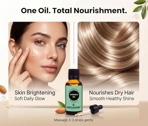 Image of Earth N Pure Vitamin E Oil for Skin & Hair | 100% Pure & Natural Tocopherol Oil | Face Moisturizer, Deep Skin Hydration, Dark Spots, Scars, Nails, Scalp & DIY Skincare | 15ml