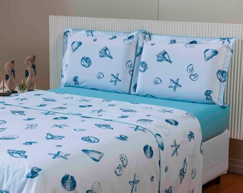 Jogo De Cama Queen 100% Algodão Aba Americana Andreza - 4 Peças (Concha Azul)