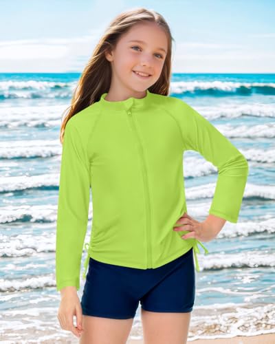 Image of BesserBay Child Girls UPF 50+ Lime Green Swim Shirt Long Sleeve Zip Up Rashguard Top 9-10 Years