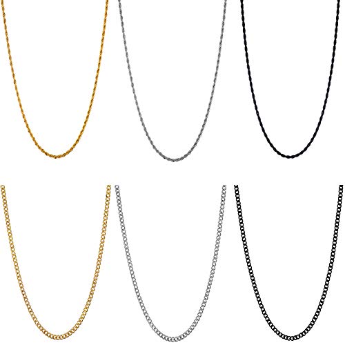 TAMHOO 6 PCS Assorted Chain Necklaces for Men and Women in 4 Styles 3 Colors - Figaro Chain, Rope Chain, Cuban Link Curb Chain, Square Rolo Chain - Gold, Silver, Black (22 Inches-6pcs-#2)