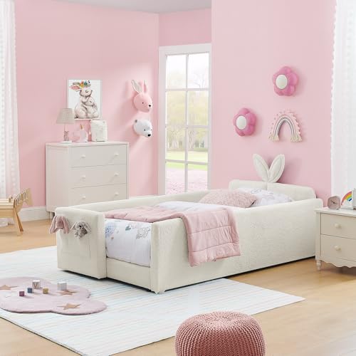 Image of KEIKI Twin Size Upholstered Platform Bed Frame with Guardrail, Slats, Beige | Boucle Platform Bed with Cute Rabbit Ear Shaped Headboard, Pocket, for Boys and Girls, No Box Spring Required, Easy Assembly