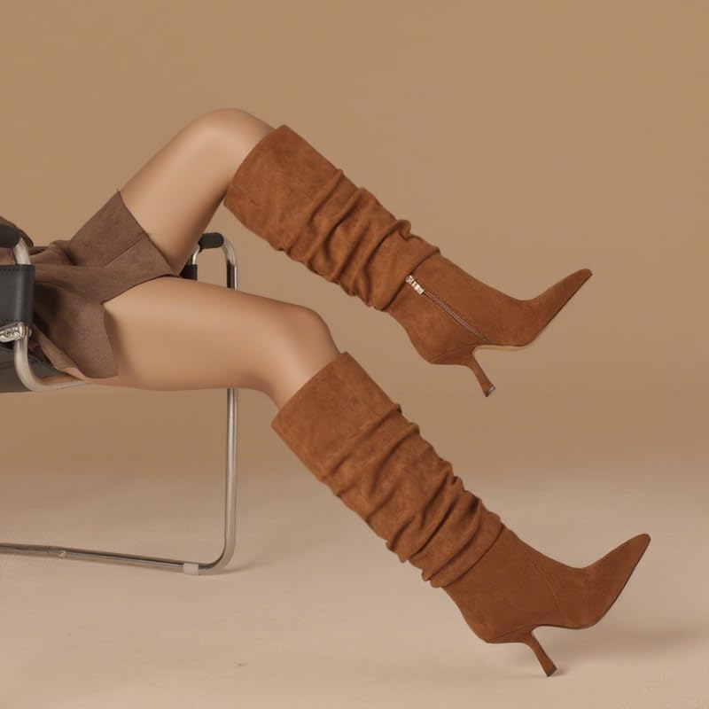 Erocalli Knee High Boots for Women Wide Calf Slouchy Tall Boot Kitten High Pointed Toe Side Zipper Winter Fashion - Image 2