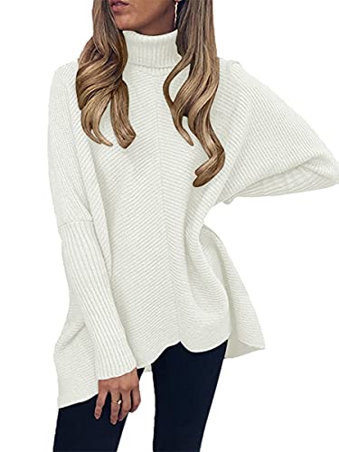 Anrabess Womens Turtleneck Long Sleeve Sweater High Low Hem Casual Winter Pullover Knit Tops A87Bai-S White #TOP2