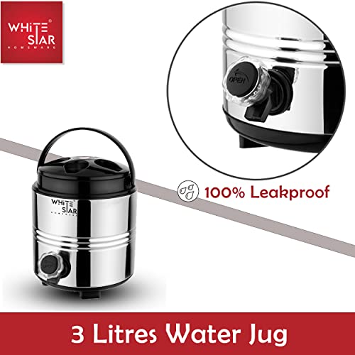 Image of WHITESTAR Stainless Steel Insulated Water Bottle /Jug for Traveling, Office, Kitchen I 3 Liters of Water Storage Container with Airtight Lid and Leak Proof Tap I Unbreakable & Durable