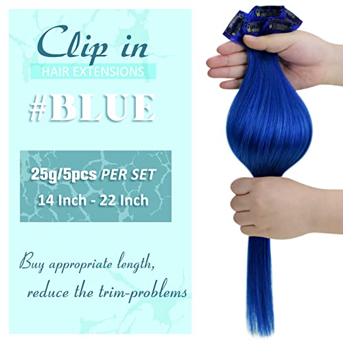 RUNATURE Blue Hair Extensions Clip in Hair 16 Inch Clip in Blue Hair Extensions Real Human Hair 5PCS 25gram - Image 3