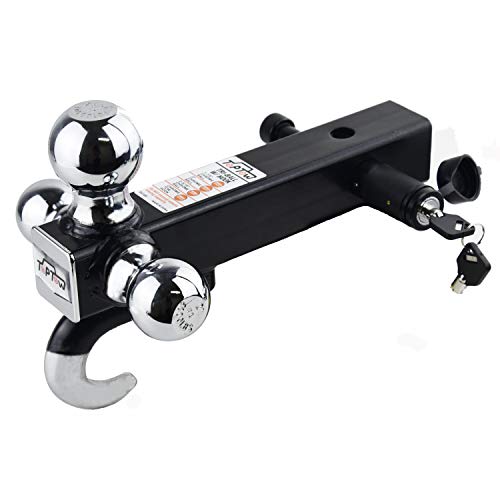 Toptow 64180Hl Trailer Tri Ball Hitch With Hook, Fits For 2 Inch Receiver, Chrome, 5/8 Inch Hitch Lock Included #TOP5