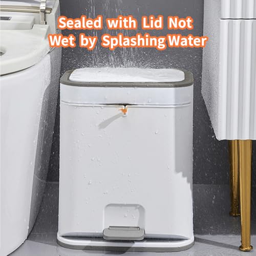 Image of Bathroom Trash Can with Lid, Plastic 3 Gallon Garbage can with Press top Lid, Gold Step Pedal Trash can, Narrow White Trash bin for Kitchen, Bathroom, Bedroom, Living Room, Office, Dog Proof Trash Can