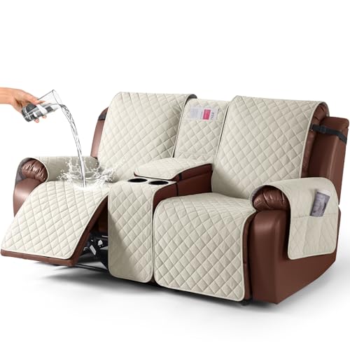 Image of KinCam 100% Waterproof Recliner Loveseat Cover with Console, Non-Slip Reclining Couch Covers for 2 Seat, Recliner Sofa Cover Furniture Protector with Elastic Straps for Kids, Pets, Ivory