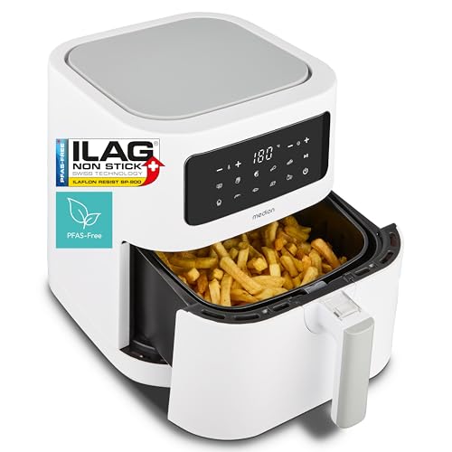 MEDION P10 XL Duo Heißluftfritteuse (6 8 Liter XXL Airfryer 2.150 Watt zwei Heizelemente aus Edelstahl Schüttel Alarm 9 Automatikprogramme Touch Bedienfeld LED Anzeige ILAG PFAS-frei) matt