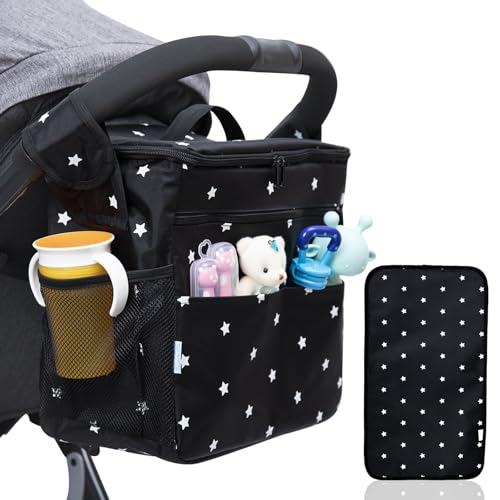 Image of Orzbow XL Stroller Organizer With Diaper Changing Pad, Waterproof Large Baby Diaper Bag, Stroller Caddy Organizer with Cup Holder & Shoulder Strap Used As Mom Handbag & Shoulder Bags & Backpack, Black