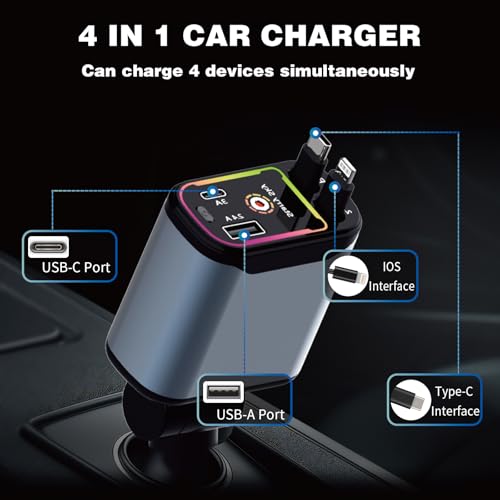 Image of Starlight Retractable Car Charger,66W Fast Car Chargers Adapter 4 in 1 with 2 USB Car Chargers for Phone iPhone 16 /15 /14 /13 /12 /11 and for Android