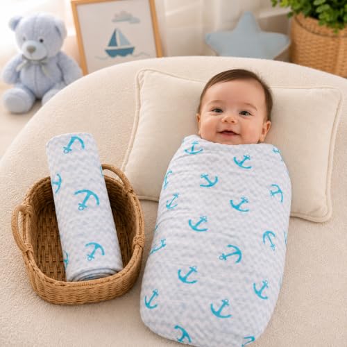 Image of Muslin Cotton Baby Swaddle | 110 x 100 cm | Ultra-Soft, Breathable & Lightweight | Multipurpose | Hypoallergenic | Unisex | Ideal Newborn Baby Gift (P1- Anchor)