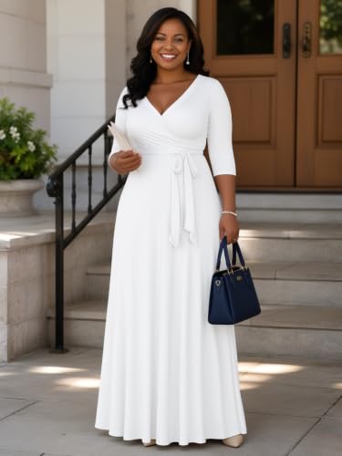Image of Plus Size Maxi Dress for Women V Neck 3 /4 Sleeve Wrap Dress