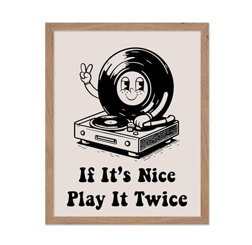 Poster Master If It's Nice Play It Twice Poster - Retro Record Player Print - Turntable Art - Music Print - Black Preppy Design - Trendy Design - Living Room or Music Room Decor - 11x14 Beige Framed