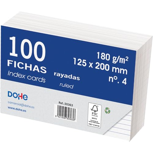 Dohe   Fichas Rayadas de Cartulina (100 uds.)   Tarjetas para Escribir Notas, Tamaño 20x12,5 cm, 180 gr/m², N.º 4, Material de Oficina   Color Blanco